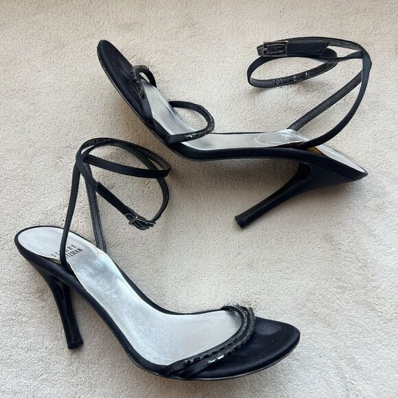 Stuart Weitzman Black Satin Embellished High Heel Strappy Sandals Women 8 Chic - Picture 1 of 16